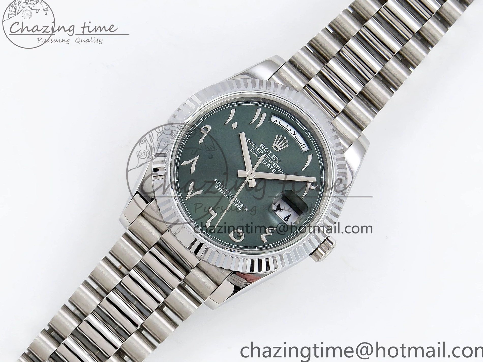 904L VR3255 DayDate SS President Green on Steel (Gain 40 Arabic Dial Weight) JDF Bracelet V3 0304